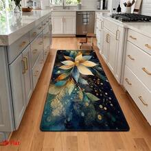 Modern Style Golden Blue Floral Kitchen Doormat, For Bathroom, Balcony, Corridor, Porch. Essential For Home, Quick-Drying, Entrance Rug, Bath Mat, Bedside Rug, Entryway Rug, Non-Slip And Dust-Absorbing Foot Mat - 彩色 - 查看 3