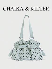 CHAIKA & KILTER 1件裝拼色PU布料托特包，女款時尚肩背托特包，滿版圓點圖案，雙手把設計，拉鍊開合，飾帶裝飾，適合日常與街頭使用 - 綠色 - 查看 5