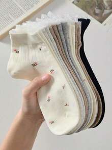 5 pares de calcetines de tobillo para mujer, estilo casual con estampado floral pequeño en blanco y negro, simples y cómodos, adecuados para todas las estaciones - Multicolor - Ver 3