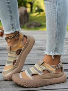 Women's New Vintage Colorblock Mesh Rainbow Striped Knit Closed-Toe Sandals, Soft Elastic Shock-Absorbing Casual Beach Shoes, Sneakers For Women - Khaki - View 3