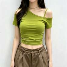 極簡性感女款綠色不對稱領口不對稱肩短袖T恤 夏季新款休閒 - 綠色 - 查看 3