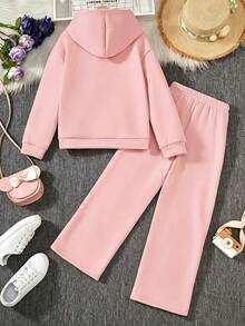 Versatile Fashionable Casual Girls Cartoon Cat Print Hoodie Sweatshirt With Printed Solid Color Loose Pants, 2-Piece Set For Autumn/Winter Daily Wear - Pink - View 3