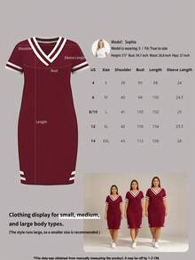 Fashionable Casual Versatile Colorblock Striped Patchwork V-Neck Pocket Short Sleeve Summer Plain Color Dress Elegant - Burgundy - View 8