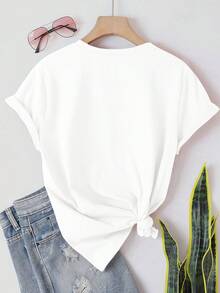 T-shirt d'été premium à col rond et manches courtes, motif large et élégant, impression mignonne, disponible en plusieurs couleurs, coupe ample, confortable et doux pour la peau. - Blanc - Voir 2