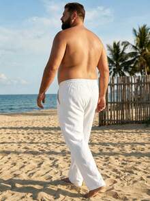 男士大尺碼 1XL-6XL 寬鬆直筒亞麻休閒長褲，夏威夷度假風海灘長褲 - 白色 - 查看 2