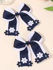 2pcs Back To School Girls Navy Blue & White Floral Hair Clips, Casual Fabric Flower Bow Hair Accessories - Multicolor - View 2