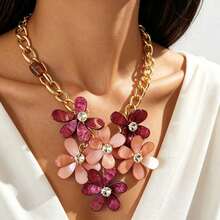1pcCluster Flower Statement Necklace, Retro Casual  Look, Daily Holiday Styling, Rhinestone Floral Collar Ornament - 深藍毛衣鏈 - 查看 9