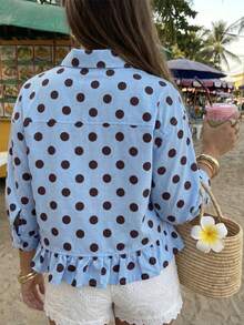 Women's Summer Elegant Blue Polka Dot Faux Linen Blouse, Summer, Holiday, Women's Beach, Women's Casual Shirt, Seaside, Polka Dot Front Shell Button Outing Top, Elegant Blouse, Vacation, Office, Social Top, Commute Top, Polka Dot Ruffle Blouse, Basic Shirt, Beach Fashion, Autumn - Baby Blue - View 3