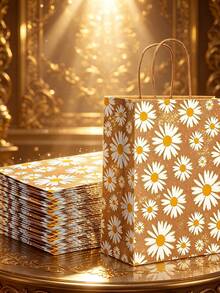 1/6/12pcs Daisy Pattern Kraft Paper Gift Bags With Handles, Floral Style, Suitable For Summer, Ideal For Party Favors, Weddings, Birthdays - Multicolor - View 1