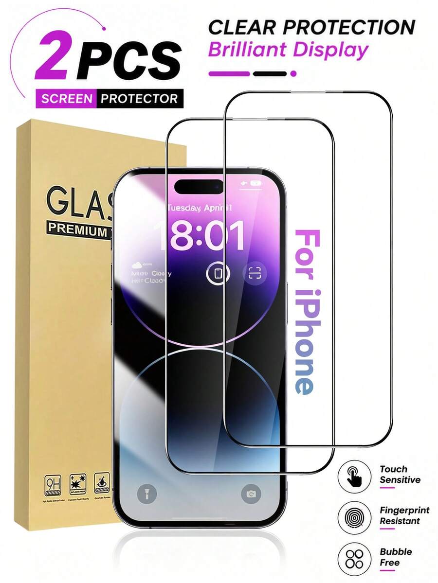 2片裝防刮鋼化玻璃螢幕保護貼，高清晰透明，相容 Apple 機型 18 Pro、18 Pro Max、17 Pro Max、17、17 Pro、16 Pro Max、16、16 Pro、16 Plus、15 Pro Max、14 Pro Max、14、13、12、11 Pro Max，防爆防碎防刮防水