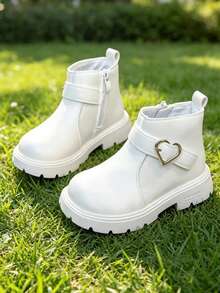 1 Pair Girls' Heart Button Boots, New Spring/Autumn Fashion Buckle Princess Boots, Korean Style Versatile Fashion Ankle Boots - White - View 1