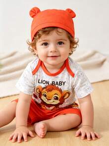 3pcs Baby/Baby BoyFashionable Outfit Set - "Brave Lion Baby" English Letter Print White Romper, Orange Shorts, Ear Hat, 2026 New Arrival - Orange - View 11