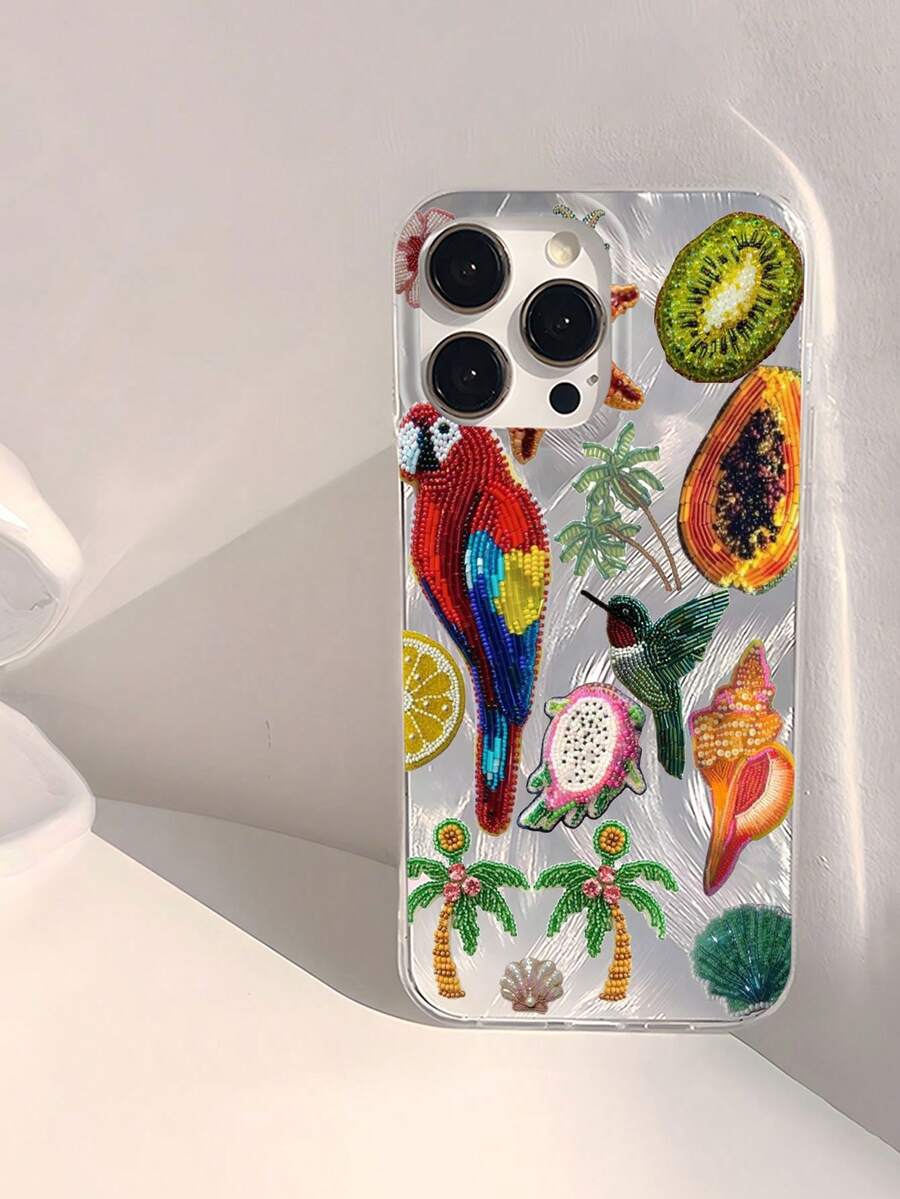 [2D印花]1件時尚個性化鸚鵡水果椰子樹圖案防水防指紋防刮透明IMD軟亮面光滑手機殼 - 彩色 - 查看 1
