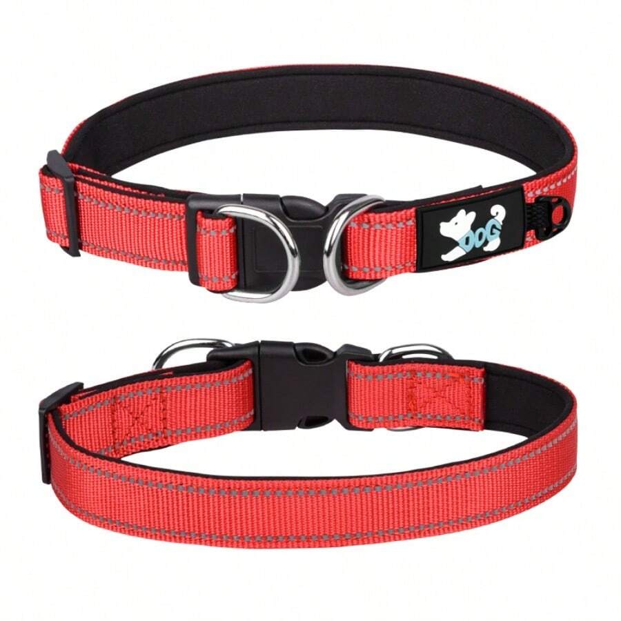 Double D-Ring Durable Pet Collar | Neoprene Comfortable Lining . Night Reflective | Adjustable For Small To Medium Dogs And Cats . Home And Outdoor Use, Optional Pet Leash - Red - View 1