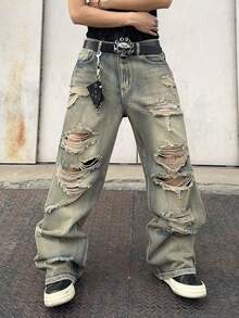 1pc Men's Distressed Wide Leg Jeans, American Vintage Ripped High Street Casual Loose Long Pants (Product Does Not Include Belt And Accessories) - Blue - View 2