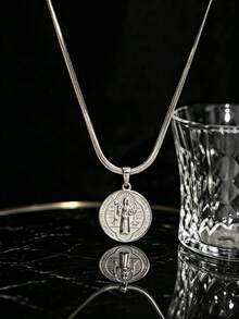 1pc Minimalist Vintage Silver Stainless Steel Men's Necklace, Flat Snake Chain With Double-Sided Embossed St. Benedict Icon Round Pendant, Unisex Daily Prayer Blessing Neck Accessory - Silver - View 5