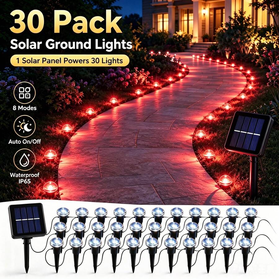 30 Pack Red Solar Lights Outdoor Waterproof, 8 Modes Auto On/Off IP65 Solar Garden Lights, Spooky Blood Red Pathway Lights For Halloween Yard Patio Lawn Driveway Walkway Decor - 紅燈 - 查看 1