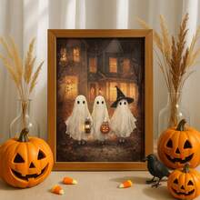 1pc Unframed Halloween Ghost Art Printable Vintage Wall Decor, 3 Ghosts, Lantern, Witch Hat, Pumpkin Print, Aesthetic Poster For Apartment, Living Room, Bedroom, Back To School Season, Dorm Essentials - Frameless - View 4