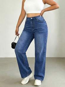 Women's Plus Size Elastic Waist Mid Rise Wide Leg Jeans Baggy Straight Leg Casual Jeans For Curvy Loose Fit Denim Pants Summer Fall - Blue - View 4