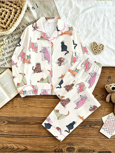 Tween Girls Autumn/Winter Cute Colorful Kitten Print Children's Pajama 2-Piece Set, New Lapel Long Sleeve Top + Long Pants Casual Set, Pajama Top With Cartoon Kitten Print, Casual Comfortable Clothing, Suitable For Children And Older Tween Girl' Daily Home Wear, Party Fashion Outfit, Can Be Worn Outdoors For Vacation And Party, 2-Piece Home Wear Set, All-Season Home Wear And Pajamas