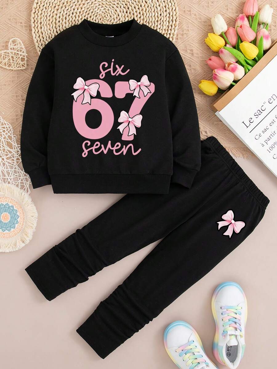 Young Girl Digital Pattern Print Crew Neck Sweatshirt And Leggings Casual Set - Black - View 1