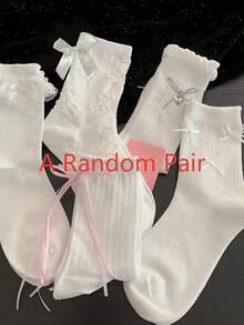 1/5 Pairs Cute White Lace Trim, Bowknot, Ballerina Girl Socks, Thin Mid-Calf Design, Suitable For Summer, Fall - White - View 6