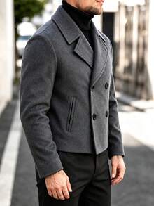 Men's Double-Breasted Wool Short Coat, Notch Lapel Side Pockets Winter Business Casual Wool Short Jacket - Dark Grey - View 5