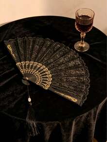 1pc Vintage Black Lace Folding Hand Fan, Summer Handheld Decorative Fan, Chinese Retro Tassel Orchid Fan, Essential For Weddings And Festivals, Dance Performance And Photography Prop, Hanfu Cheongsam Summer Party Decoration - Multiple Styles - View 3