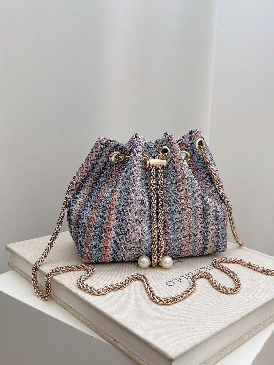 Mini New Fashion Straw Woven Gold Chain Drawstring Bucket Bag Beach Bag
