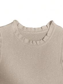 Top sin mangas elegante con ribetes brillantes, diseño de cuello redondo con delicado ribete de volantes, camiseta de ajuste ceñido y elástica, favorecedora y versátil para primavera/verano, casual, trabajo, citas - Albaricoque - Ver 8