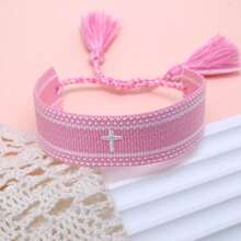 1 pieza Pulsera trenzada con bordado de cruz creativo - Rosa Pálido - Ver 3