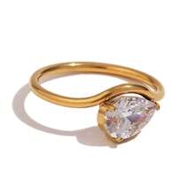 1pc 18K Gold Plated CZ Wavy Ring For Women, Elegant Pear Round Triangle Cubic Zirconia Curved Solitaire Ring, Chic Finger Jewelry - Gold - View 15