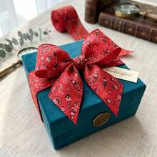 2 Rolls Classic Red Paisley Pattern Ribbon (With Wire Edge), 6.3cm Width, 600cm Total Length, Suitable For Holiday Celebrations, Vintage Theme Parties, Wedding Decor, Gift Wrapping And DIY Bows - View 4