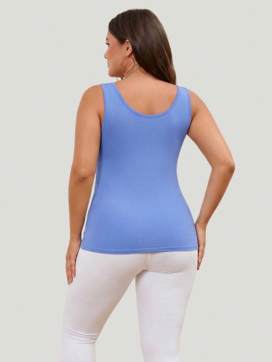 Plus Size Women's Built-In Bra Tank Top Scoop Neck Sleeveless Base Layer Cami For Fall Back To School Workout Daily Commute - Blue - View 1