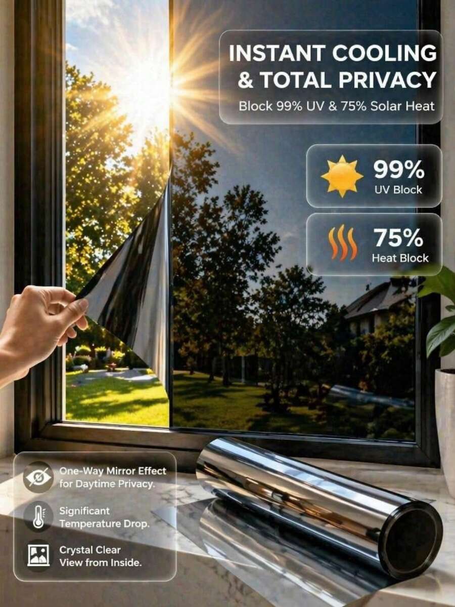 One Way Window Privacy Film, Window Tint For Home, Sun Blocking UV Heat Blocker, See Out Not In Reflective Mirror Film, Removable Static Cling Glass Door Cover, Black Silver - 1PC - View 1