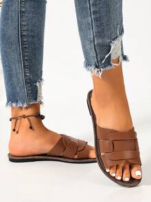 Ximi Ruo Korean Style Casual Flat Slide Sandals For Women, Open Toe Woven Roman Sandals, Spring Summer New Fashion French Style Brown Flat Slippers For Beach, Apartment, Outdoor Wear, Matching With Skirts - Brown - View 5