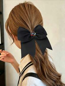 1pc Black Large Bow Hair Tie, Back To School ABC Pencil Apple Decor Ponytail Hair Tie, Teen Girl Hair Accessory, Home Decor Hair Accessory Gift - Black - View 5