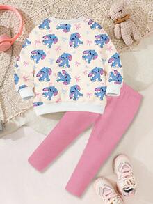 Young Girl Cartoon Pattern Round Neck Long Sleeve Sweatshirt And Leggings Casual Set - Apricot - View 2