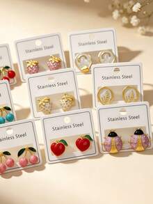 24/18/12pcs Elegant Stainless Steel Enamel Drip Earrings, Stainless Steel Material, Styles Include Fruit, Heart, Flower And Heart Designs. Elegant Daily Wear Earrings, Ideal Valentine's Day Gift. Suitable For Girlfriend, Suitable For Any Occasion (Randomly Shipped) - Oil Dripping Kit - View 5