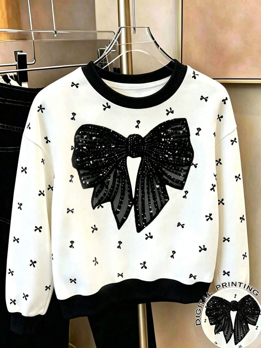 Tween Girl Bow Pattern Print Crew Neck Long Sleeve Sweatshirt - White - View 1