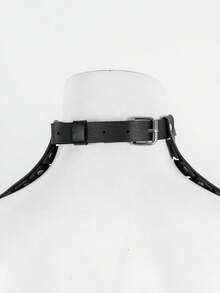 1 PC Women's Fashion New Multi-Layer V-Shaped PU Leather Choker, Silver Rivet Metal Ring Adjustable Neck Strap, Dark Punk Gothic Style Neck Accessory, Suitable For Daily, Vacation, Music Festival And Other Personalized Outfit Occasions - Black - View 3