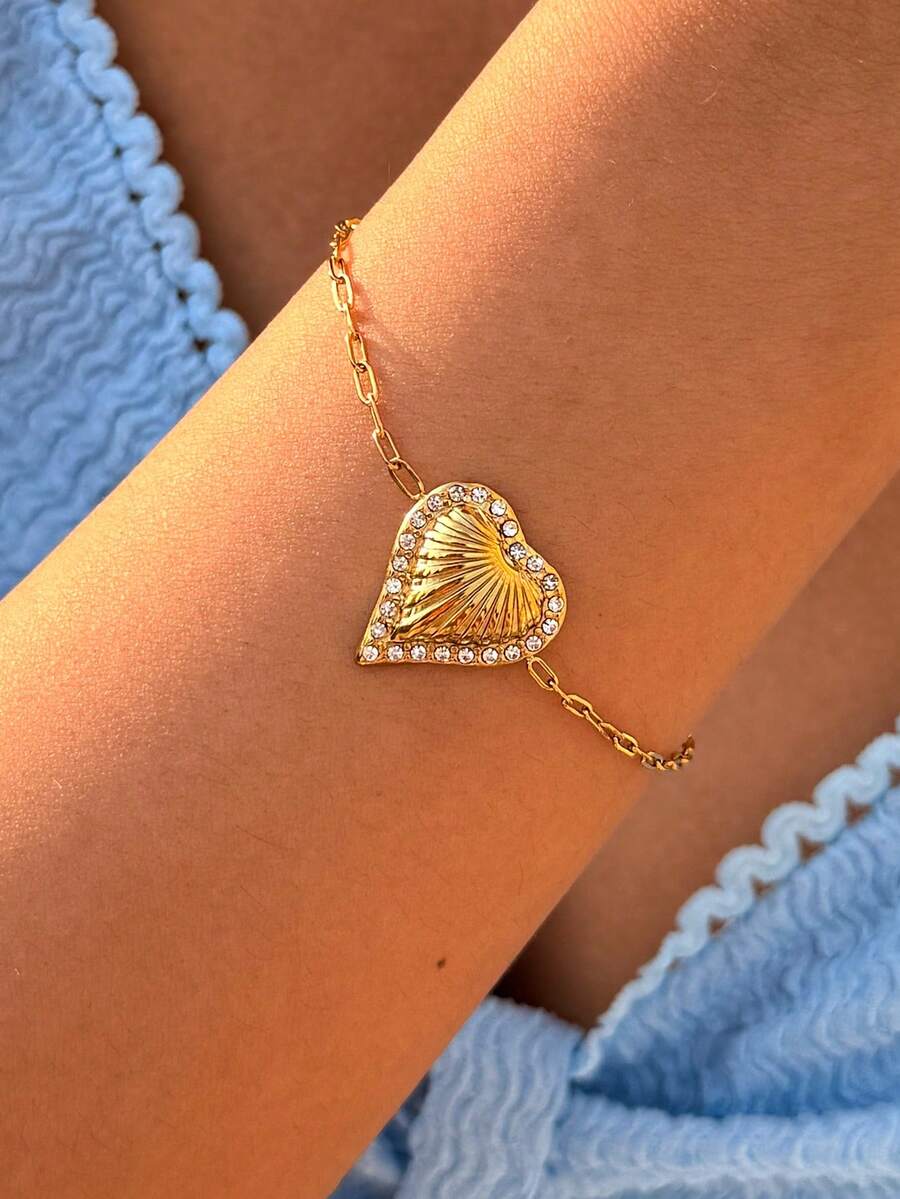 1pc Vintage Heart-Shaped Zirconia 18K Gold Plated Bracelet, Delicate Layered Bracelet Valentine's Day Daily Women's Accessory, Gift For Her - Multicolor - View 1