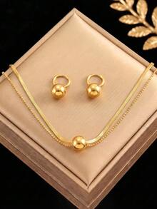 RAYQUEEN Stainless Steel Fashion Versatile Round Bead Pendant Necklace & Earrings Set Decorative Jewelry For Women, Suitable For Holiday Wear - Gold - View 1