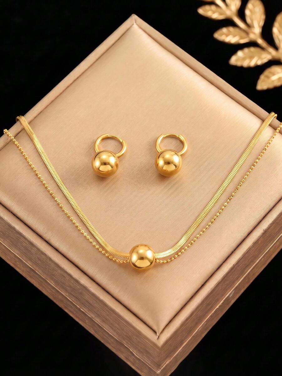 RAYQUEEN Stainless Steel Fashion Versatile Round Bead Pendant Necklace & Earrings Set Decorative Jewelry For Women, Suitable For Holiday Wear - Gold - View 1