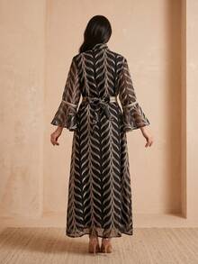 Hafizah 刺繡喇叭袖套頭優雅長洋裝 V領網紗女款洋裝 - 黑色 - 查看 6