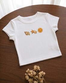 Personalized Seashell Starfish Sun Crop Top, Custom Embroidered Summer Baby Tee, Coastal Vacation Outfit, Beach Day Tee, Summer Shirt,Summer Top - White - View 4