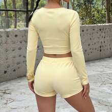 Ribbed Knit 2 Piece Set, Long Sleeve Button Crop Top & High Waist Shorts Loungewear For Casual & Everyday Wear - Yellow - View 2