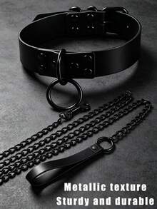 Dog Choker Pet Collar & Leash Set, Adjustable European & American Style Dark Personalized Exaggerated Leash Collar Neck Accessory Set, Leather Collar, Alloy Leash, Sturdy & Durable, Adjustable Collar Size - Black - View 2