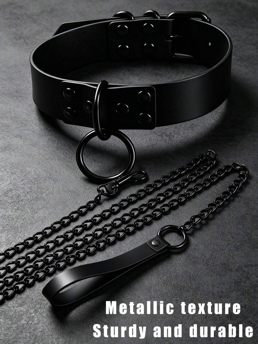 Dog Choker Pet Collar & Leash Set, Adjustable European & American Style Dark Personalized Exaggerated Leash Collar Neck Accessory Set, Leather Collar, Alloy Leash, Sturdy & Durable, Adjustable Collar Size
