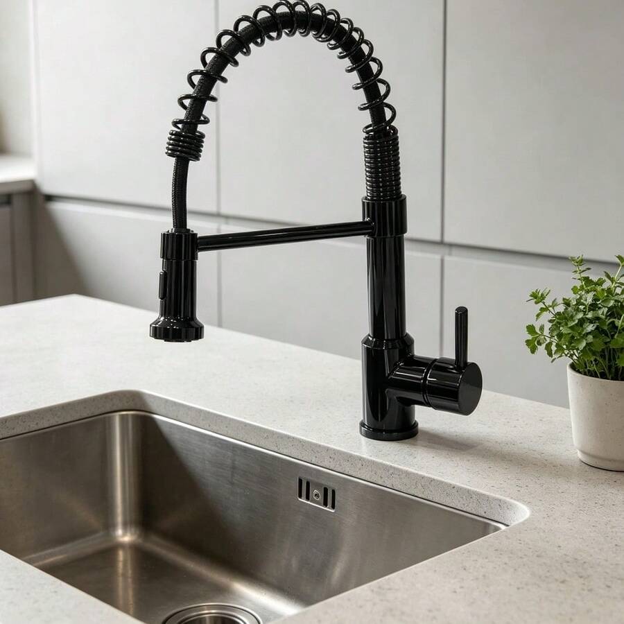 Glossy Black Spring Pull Out Kitchen Faucet, 360° Rotatable Extensible Sink Tap - A - View 1
